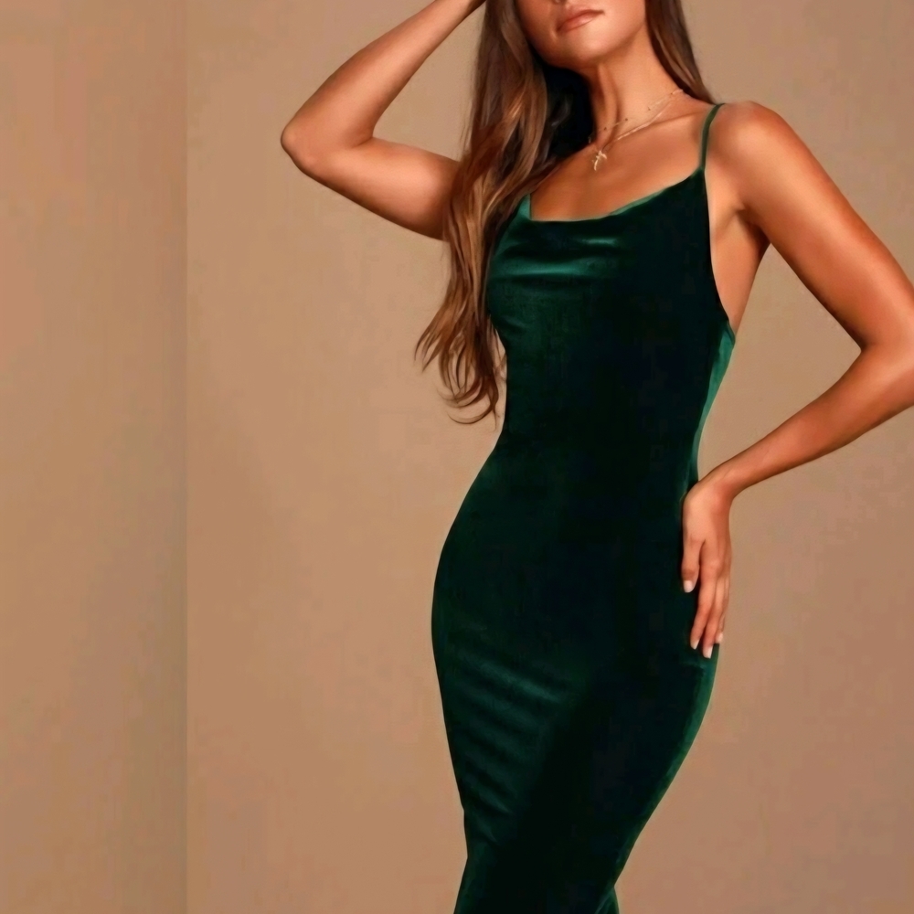 #917 Lulu's Jazzy Belles Cowl Neck Green Velvet Bodycon Dress Sz S